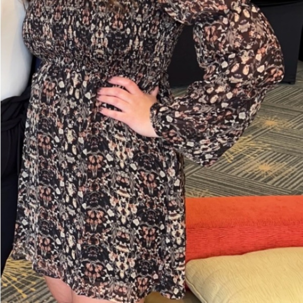 Sage Black Floral Smocked Long Sleeve Dress